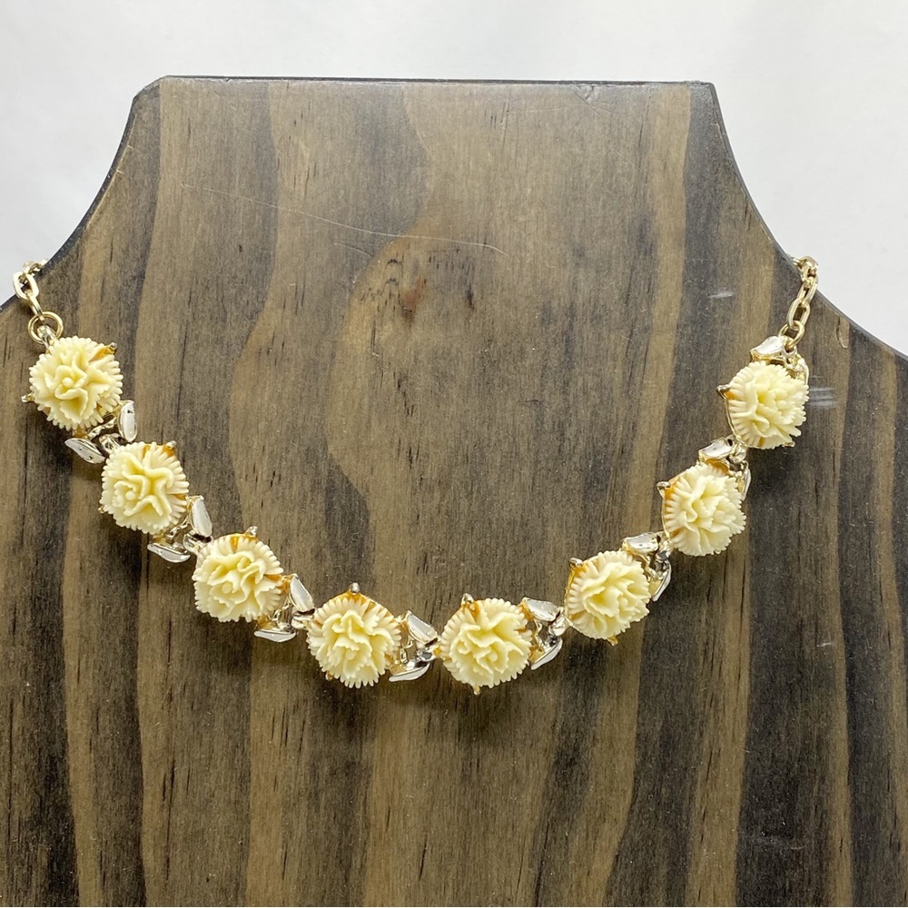 Vintage Carved Celluloid Carnation Rose Flower Necklace Ivory and Gold